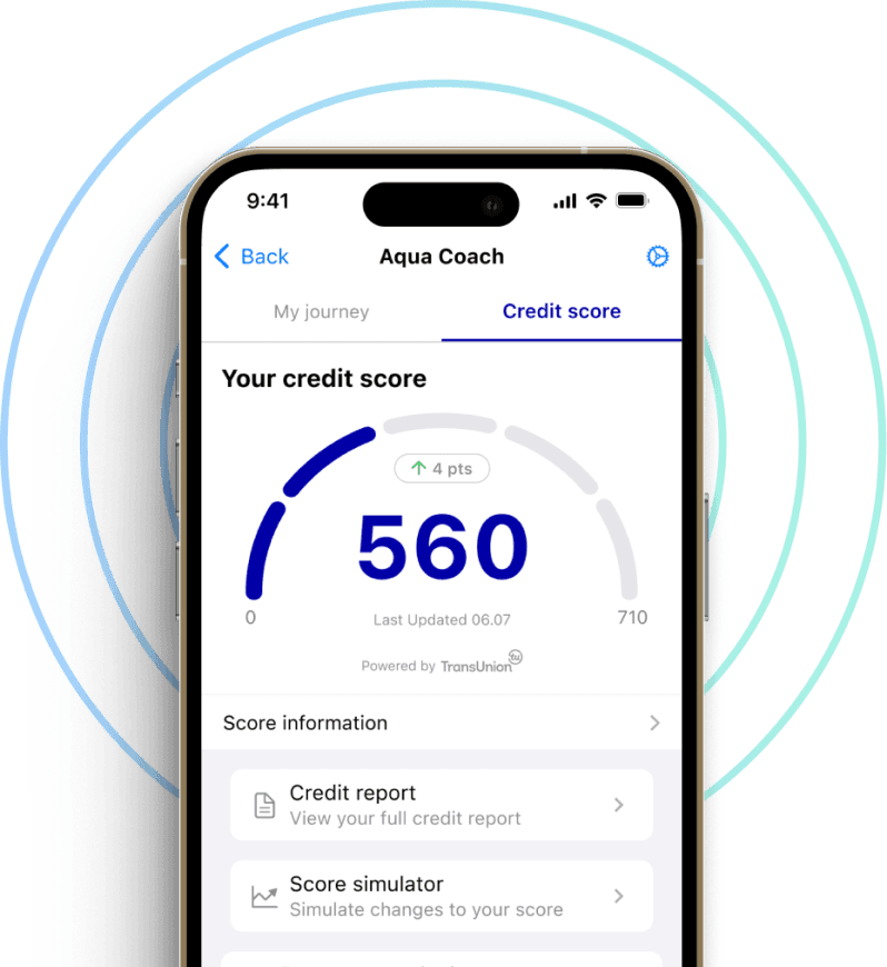 The Aqua Coach credit score screen in the Aqua app
